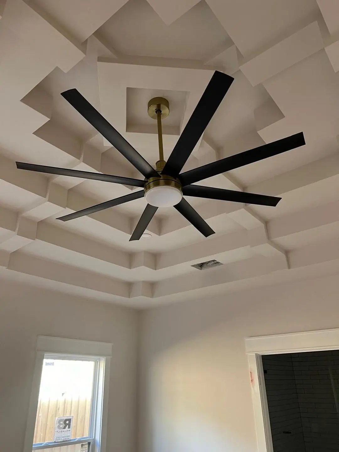 Finished fan/coffer ceiling; electrical conduit close-up