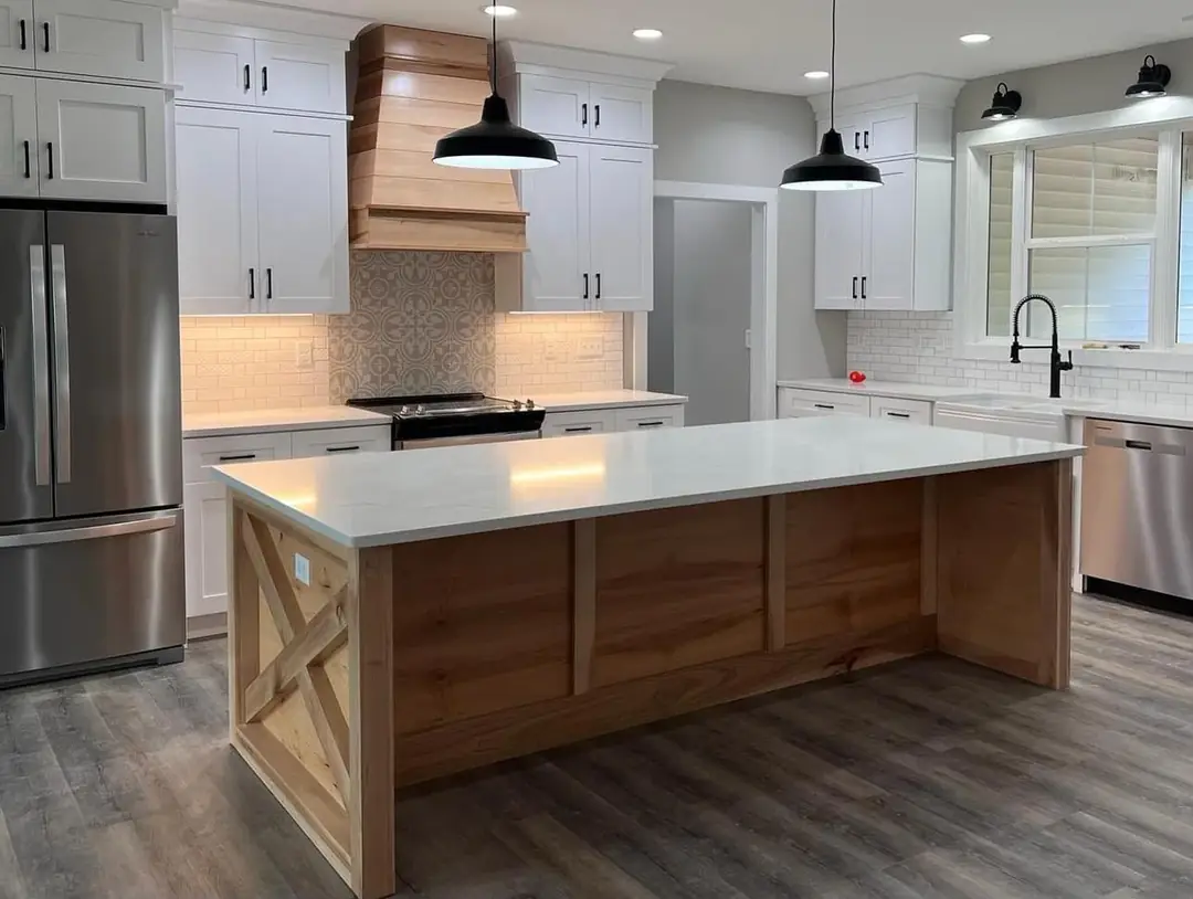 Kitchen island with a quartz top and X-panel ends